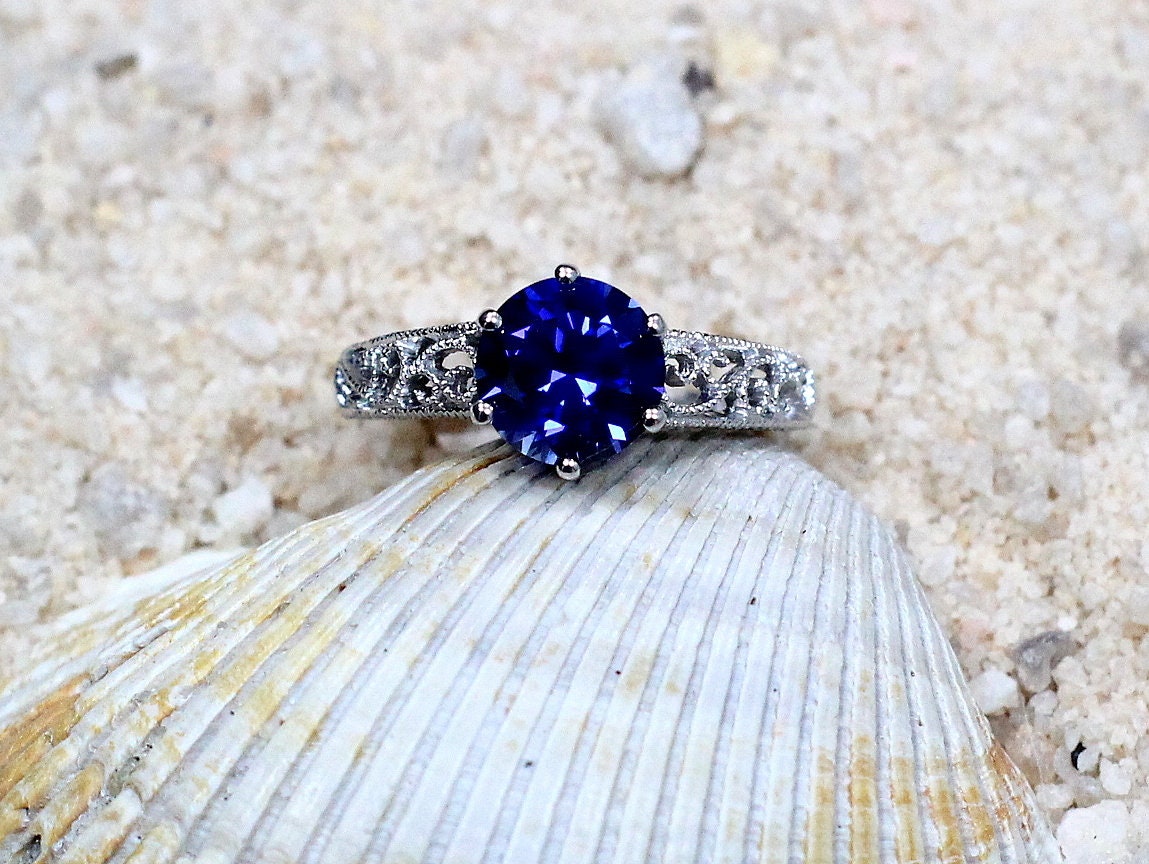 Vintage Blue Sapphire Engagement Ring Polymnia Antique Filigree Round 2ct 8mm Custom White-Yellow-Rose Gold-10k-14k-18k-Platinum BellaMoreDesign.com