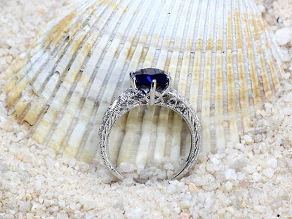 Vintage Blue Sapphire Engagement Ring Polymnia Antique Filigree Round 2ct 8mm Custom White-Yellow-Rose Gold-10k-14k-18k-Platinum BellaMoreDesign.com