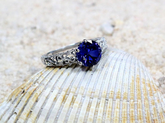 Vintage Blue Sapphire Engagement Ring Polymnia Antique Filigree Round 2ct 8mm Custom White-Yellow-Rose Gold-10k-14k-18k-Platinum BellaMoreDesign.com