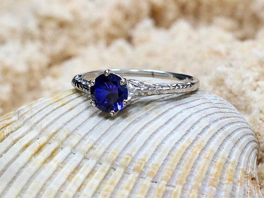 Vintage Blue Sapphire Engagement Ring Rhemba Antique Filigree 1ct 6mm Custom Size White-Yellow-Rose Gold-10k-14k-18k-Platinum BellaMoreDesign.com