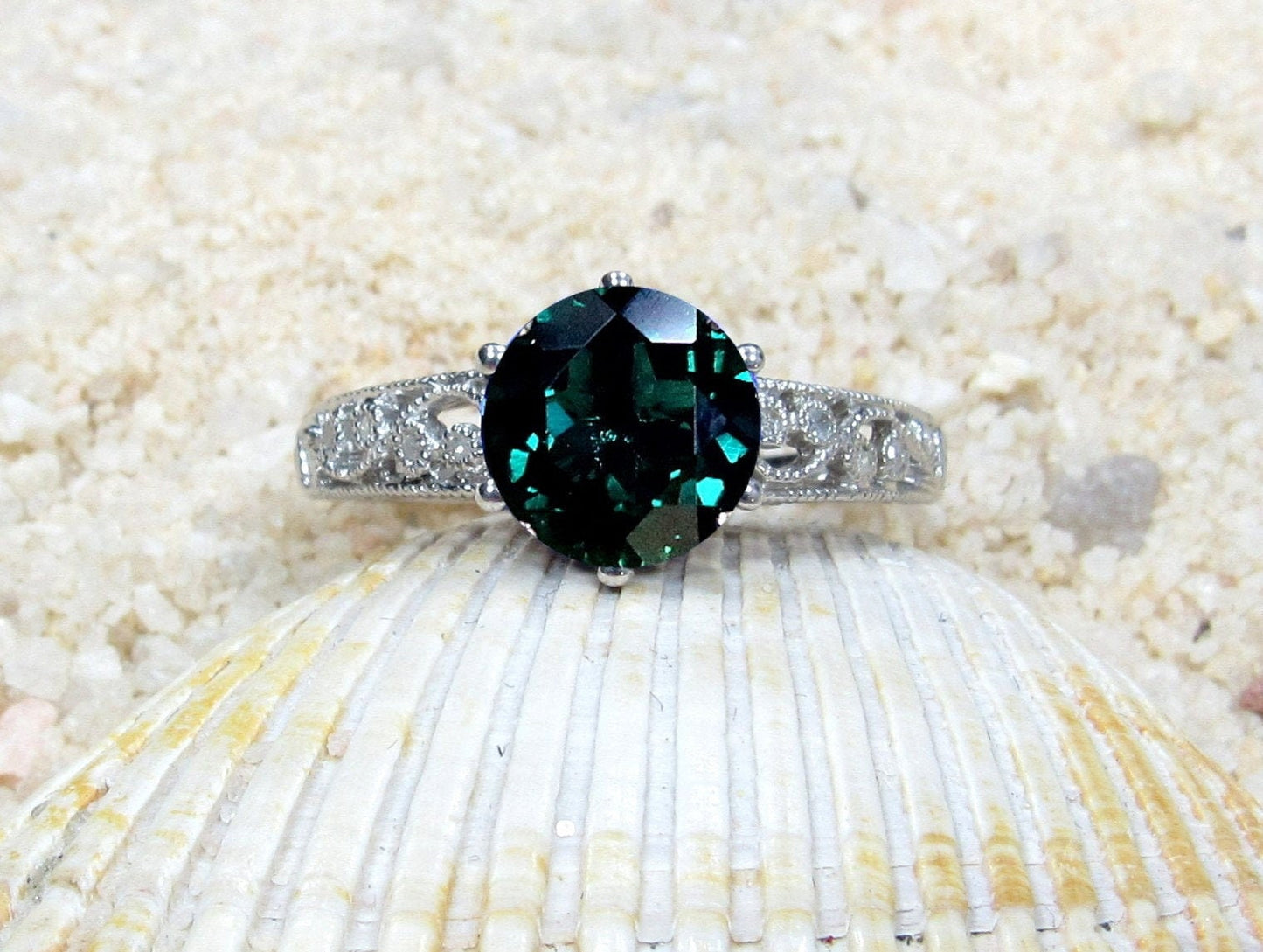 Vintage Emerald Diamond Engagement Ring Antique Style Filigree Milgrain Polymnia Round 2ct 8mm Custom White-Yellow-Rose Gold-10k-14k-18k-Plt BellaMoreDesign.com