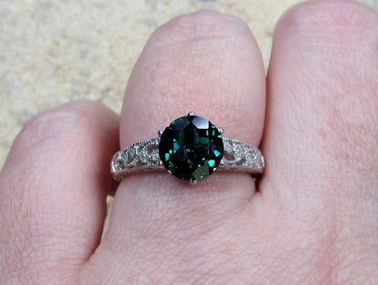 Vintage Emerald Diamond Engagement Ring Antique Style Filigree Milgrain Polymnia Round 2ct 8mm Custom White-Yellow-Rose Gold-10k-14k-18k-Plt BellaMoreDesign.com