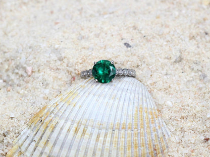 Vintage Emerald & Diamonds Engagement Ring Bezel Milgrain Smooth Round Ferarelle 2ct 8mm Custom Wht-Yellow-Rose Gold-14k-18k-Platinum BellaMoreDesign.com
