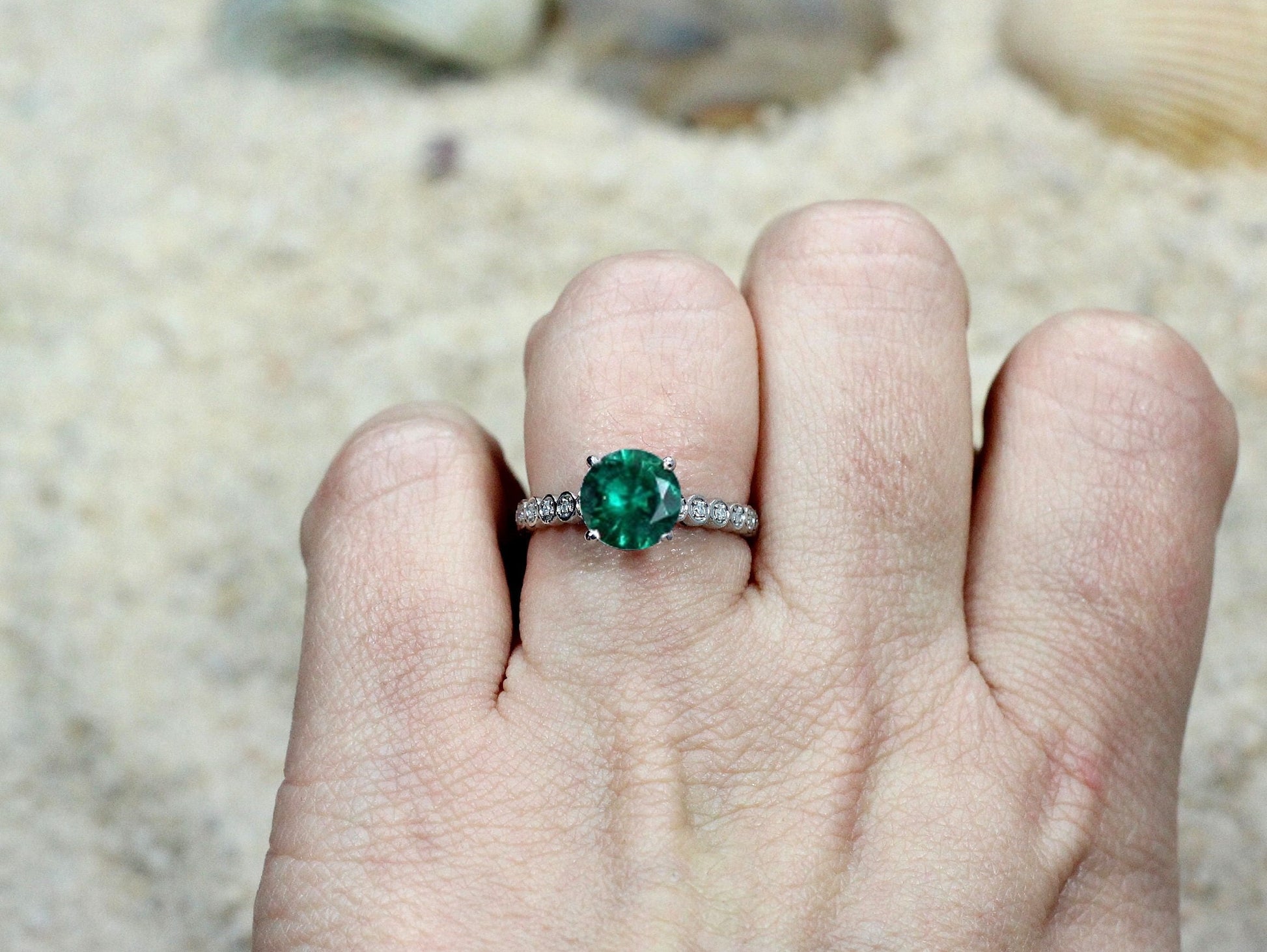 Vintage Emerald & Diamonds Engagement Ring Bezel Milgrain Smooth Round Ferarelle 2ct 8mm Custom Wht-Yellow-Rose Gold-14k-18k-Platinum BellaMoreDesign.com