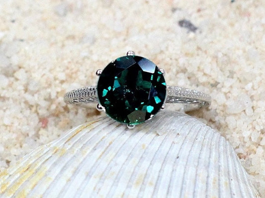 Vintage Emerald Engagement Ring Antique Style Filigree Round cut Maia 3ct 9mm Custom White-Yellow-Rose Gold-10k-14k-18k-Platinum BellaMoreDesign.com