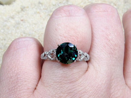 Vintage Emerald Engagement Ring Antique Style Prong Filigree Round Andromeda 2cts 8mm Custom White-Yellow-Rose Gold-10k-14k-18k-Plat BellaMoreDesign.com