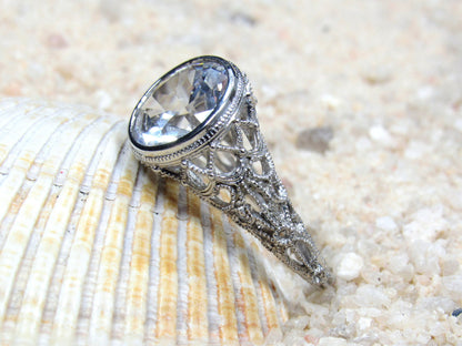 Vintage Grey Moissanite Engagement Ring, Simulated Diamond, Antique Milgrain Bezel Filigree Round 3.6ct 10mm Aegle  Wht-Yellow-Rose Gold-Plt BellaMoreDesign.com