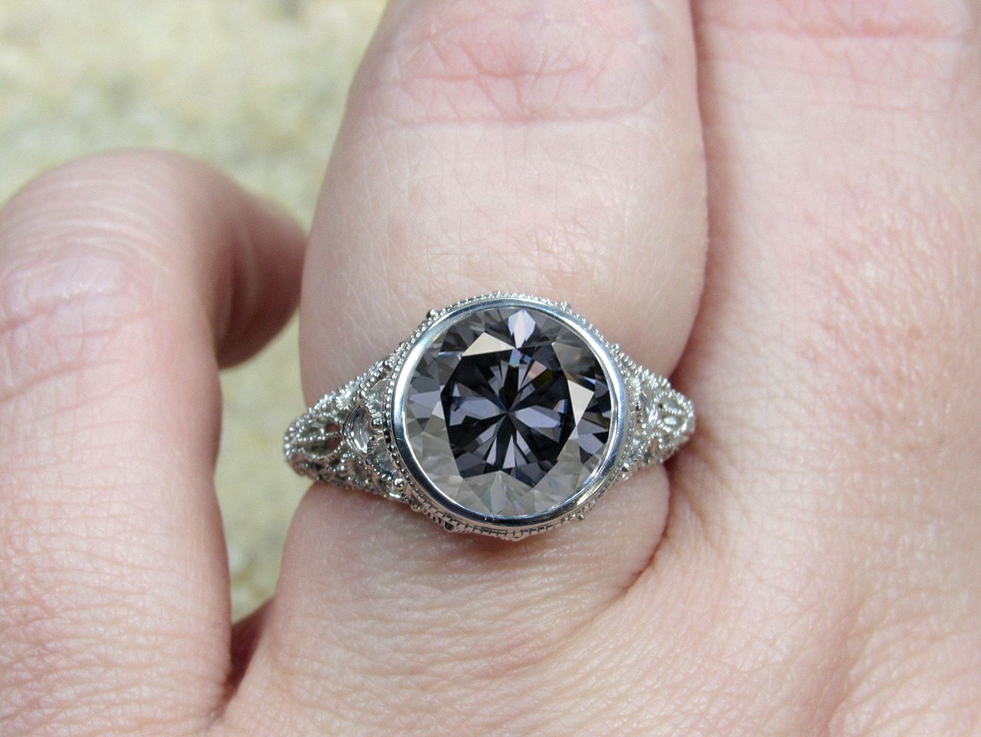 Vintage Grey Moissanite Engagement Ring, Simulated Diamond, Antique Milgrain Bezel Filigree Round 3.6ct 10mm Aegle  Wht-Yellow-Rose Gold-Plt BellaMoreDesign.com