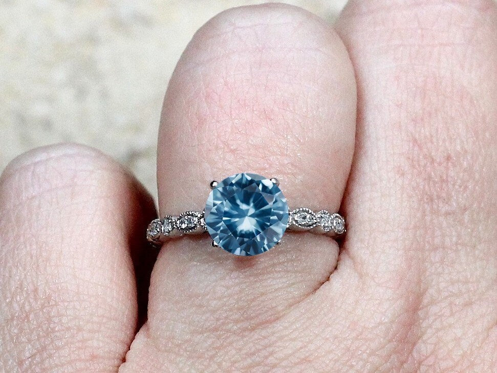 Vintage Light Blue Spinel Diamonds Engagement Ring, Almost Eternity, Bezel Leaf, Round, Aeolus,2ct, 8mm BellaMoreDesign.com