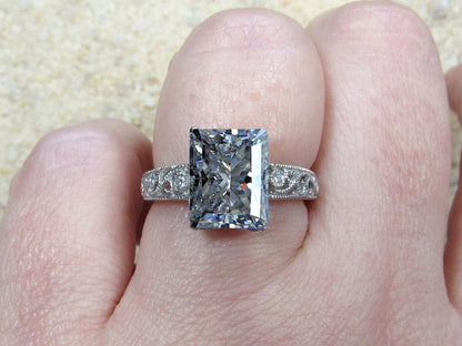 Vintage Moissanite Engagement Ring, Filigree Miligrain Radiant ring, Polymnia 4ct 10x8mm Custom White-Yellow-Rose gold 10k-14k-18k-plat BellaMoreDesign.com