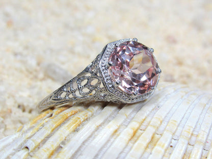 Vintage Peach Sapphire Engagement Ring Fides Filigree Miligrain Antique Round cut 2ct 8mm Custom White-Yellow-Rose gold 10k-14k-18k-platinum BellaMoreDesign.com