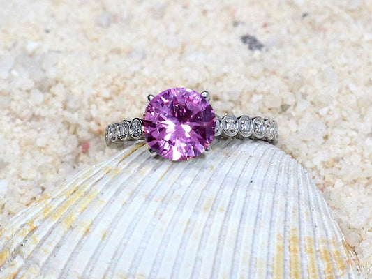 Vintage Pink Sapphire & Diamonds Engagement Ring Bezel Milgrain Smooth Round Ferarelle 2ct 8mm Custom Wht-Yellow-Rose Gold-14k-18k-Plat BellaMoreDesign.com