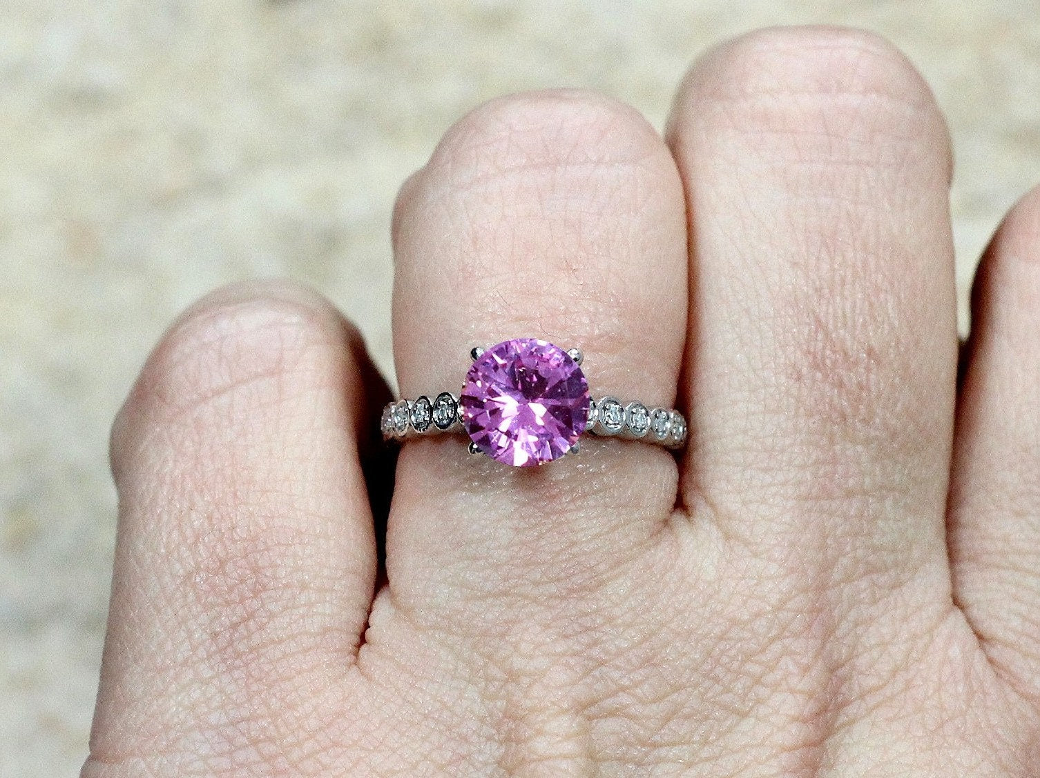 Vintage Pink Sapphire & Diamonds Engagement Ring Bezel Milgrain Smooth Round Ferarelle 2ct 8mm Custom Wht-Yellow-Rose Gold-14k-18k-Plat BellaMoreDesign.com