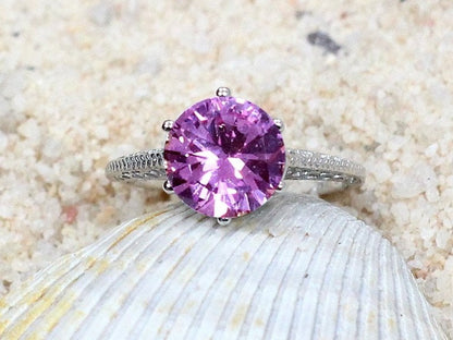 Vintage Pink Sapphire Engagement Ring Antique Style Filigree Round cut Maia 3ct 9mm Custom White-Yellow-Rose Gold-10k-14k-18k-Platinum BellaMoreDesign.com