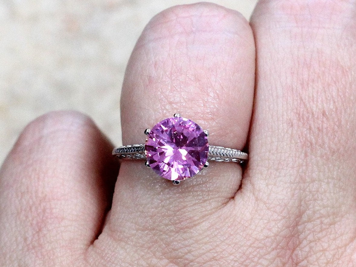 Vintage Pink Sapphire Engagement Ring Antique Style Filigree Round cut Maia 3ct 9mm Custom White-Yellow-Rose Gold-10k-14k-18k-Platinum BellaMoreDesign.com