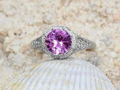 Vintage Pink Sapphire Engagement Ring Filigree Miligrain Antique Round cut Fides 2ct 8mm Custom White-Yellow-Rose gold 10k-14k-18k-platinum BellaMoreDesign.com