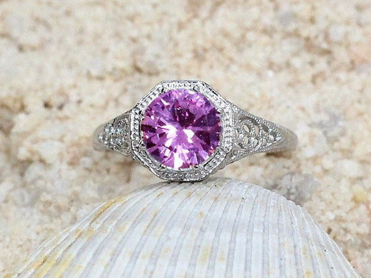 Vintage Pink Sapphire Engagement Ring Filigree Miligrain Antique Round cut Fides 2ct 8mm Custom White-Yellow-Rose gold 10k-14k-18k-platinum BellaMoreDesign.com