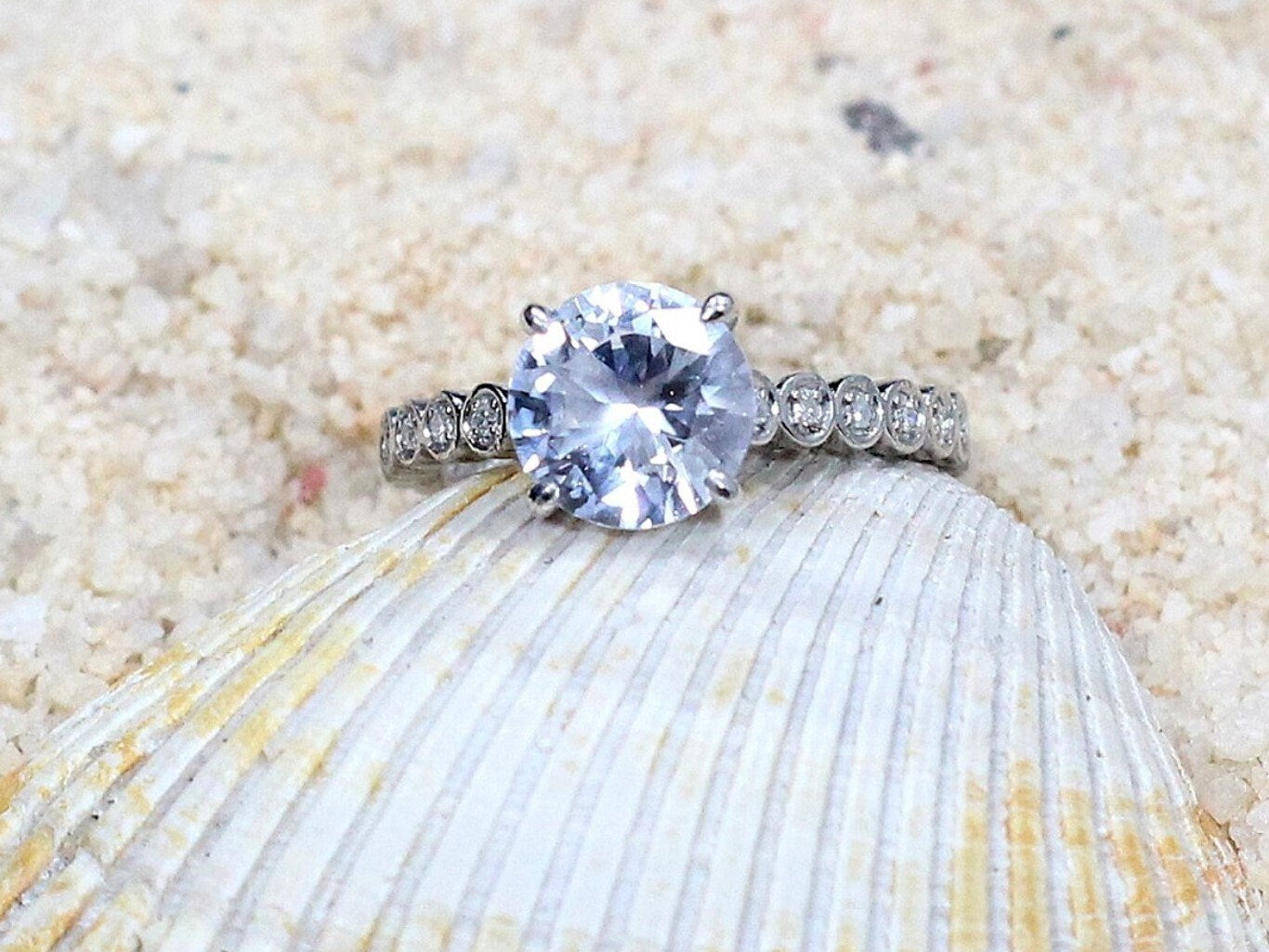Vintage White Sapphire & Diamonds Engagement Ring Bezel Milgrain Smooth Round Ferarelle 2ct 8mm Custom White-Yellow-Rose Gold-14k-18k-Plat BellaMoreDesign.com