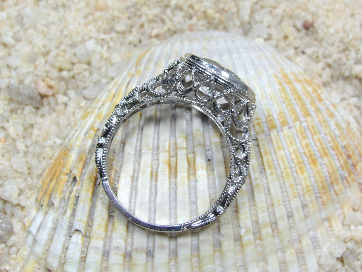 Vintage White Sapphire Engagement Ring Aegle Antique Style Bezel set Filigree Round 5ct 10mm Custom White-Yellow-Rose Gold-10k-14k-18k-Plt BellaMoreDesign.com