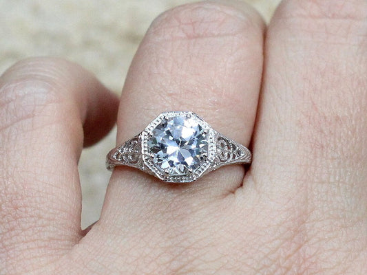 Vintage White Sapphire Engagement Ring Fides Antique Filigree Miligrain Round cut 2ct 8mm Custom size White-Yellow-Rose gold 10k-14k-18k-plt BellaMoreDesign.com