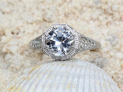 Vintage White Sapphire Engagement Ring Fides Filigree Miligrain Antique Round cut 2ct 8mm Custom White-Yellow-Rose gold 10k-14k-18k-platinum BellaMoreDesign.com