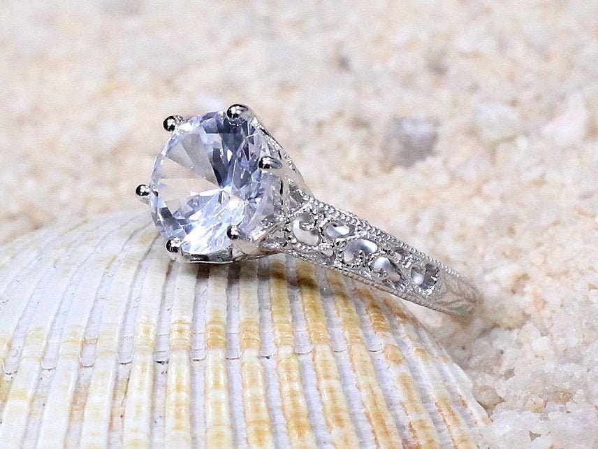 Vintage White Sapphire Engagement Ring, Filigree, Miligrain, Polymnia, 3ct, 9mm BellaMoreDesign.com