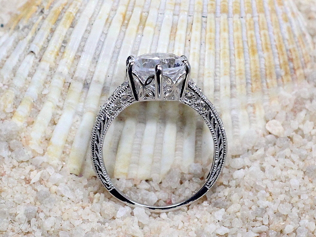 Vintage White Sapphire Engagement Ring, Filigree, Miligrain, Polymnia, 3ct, 9mm BellaMoreDesign.com
