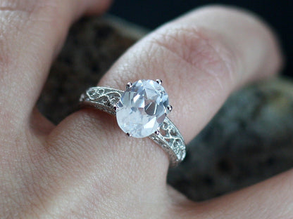 Vintage White Sapphire Engagement Ring Oval Antique Style Filigree Milgrain Polymnia 3ct 9x7mm White-Yellow-Rose Gold-10k-14k-18k-Plat BellaMoreDesign.com