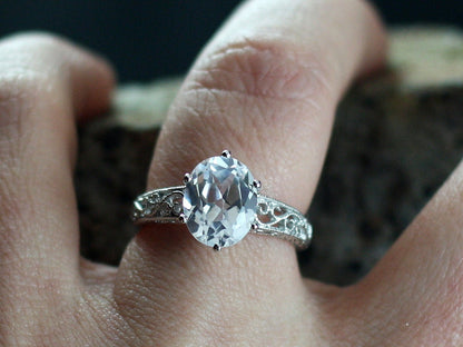 Vintage White Sapphire Engagement Ring Oval Antique Style Filigree Milgrain Polymnia 3ct 9x7mm White-Yellow-Rose Gold-10k-14k-18k-Plat BellaMoreDesign.com