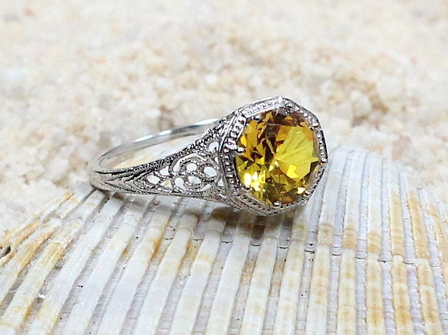Vintage Yellow Sapphire Engagement Ring Fides Filigree Miligrain Antique Round 2ct 8mm White-Yellow-Rose gold 10k-14k-18k-platinum BellaMoreDesign.com