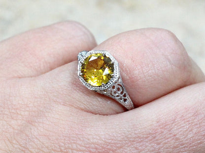 Vintage Yellow Sapphire Engagement Ring Fides Filigree Miligrain Antique Round 2ct 8mm White-Yellow-Rose gold 10k-14k-18k-platinum BellaMoreDesign.com