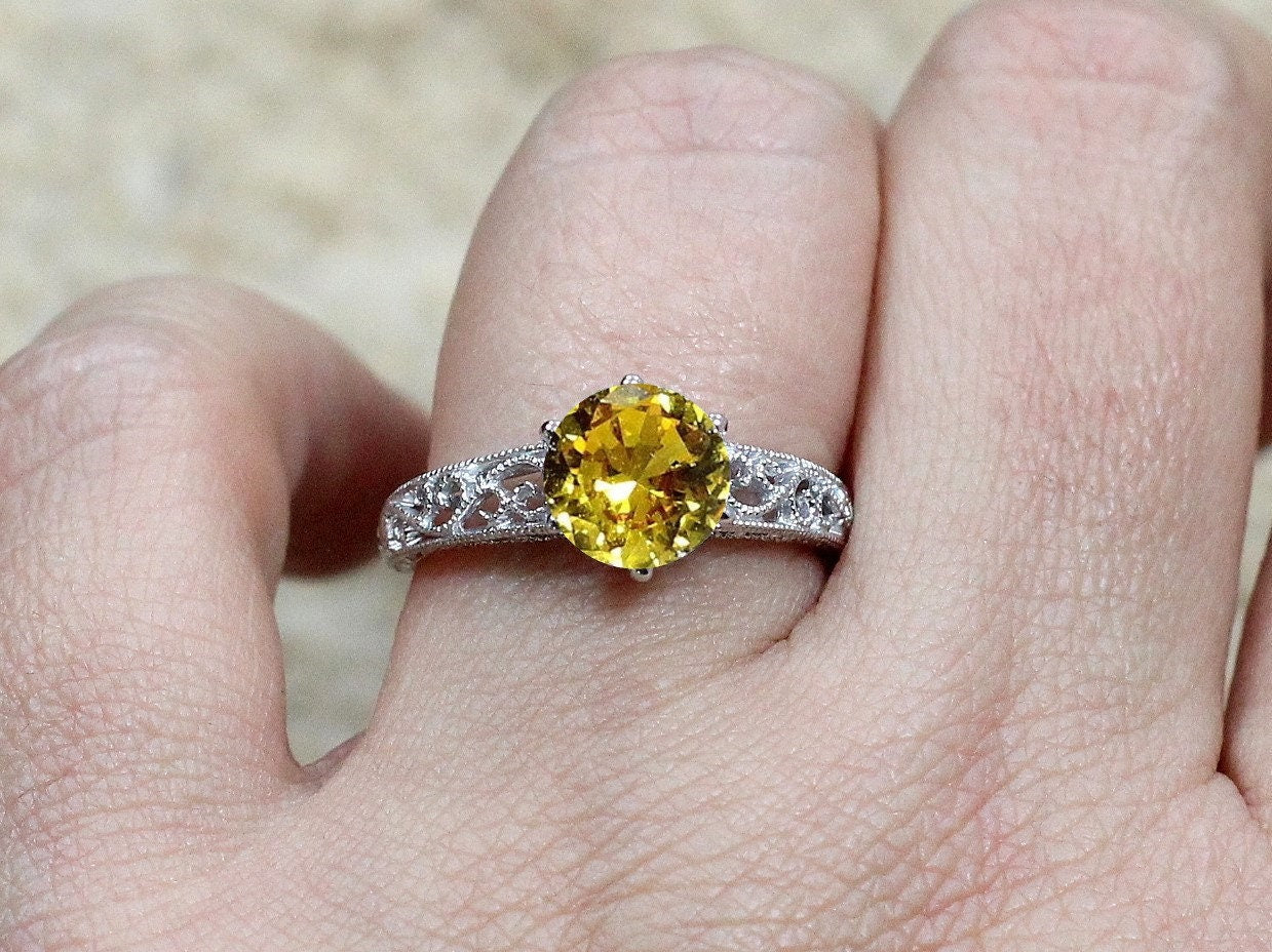 Vintage Yellow Sapphire Engagement Ring, Filigree, Miligrain, Polymnia, 2ct, 8mm BellaMoreDesign.com