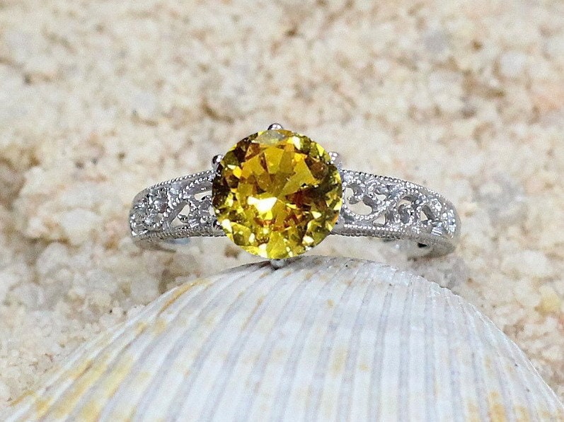 Vintage Yellow Sapphire Engagement Ring, Filigree, Miligrain, Polymnia, 2ct, 8mm BellaMoreDesign.com