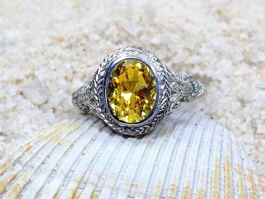 Vintage Yellow Sapphire Engagement Ring Oval Antique Style Bezel Set Chevron Filigree Kore 2.1ct 9x7mm White-Yellow-Rose Gold-10-14k-18k-Plt BellaMoreDesign.com