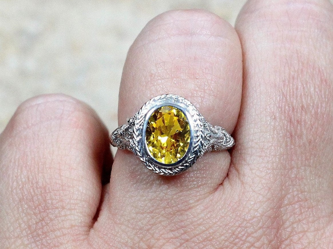 Vintage Yellow Sapphire Engagement Ring Oval Antique Style Bezel Set Chevron Filigree Kore 2.1ct 9x7mm White-Yellow-Rose Gold-10-14k-18k-Plt BellaMoreDesign.com
