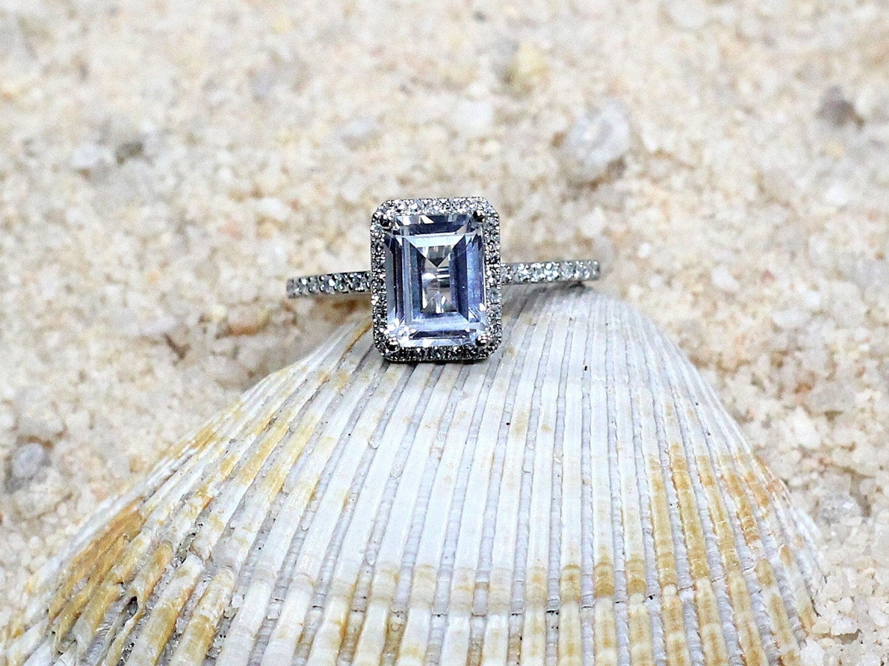 White Sapphire & Diamonds Emerald cut Halo Engagement Ring Ione 2ct 8x6mm Custom Size White-Yellow-Rose Gold-10k-14k-18k-Platinum BellaMoreDesign.com