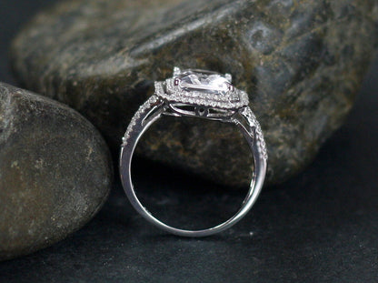 White Sapphire & Diamonds Engagement Ring Emerlad Double Halo Belus Grand 4ct 10x8mm Custom White-Yellow-Rose Gold-10k-14k-18k-Plat BellaMoreDesign.com