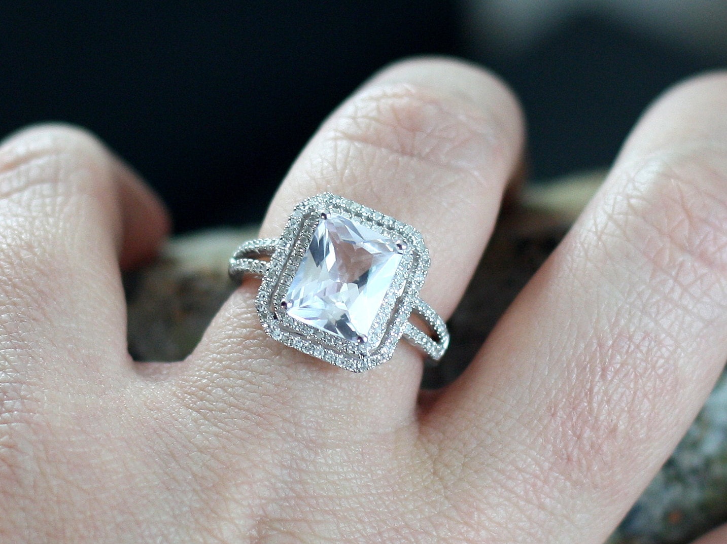 White Sapphire & Diamonds Engagement Ring Emerlad Double Halo Belus Grand 4ct 10x8mm Custom White-Yellow-Rose Gold-10k-14k-18k-Plat BellaMoreDesign.com