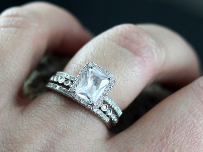 White Sapphire & Diamonds Engagement Ring Eternity Bubble Bezel Band Set Ione Ferarelle 2ct 8x6mm White-Yellow-Rose Gold-10k-14k-18k-Plat BellaMoreDesign.com