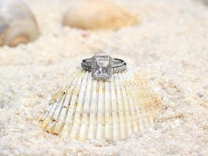 White Sapphire & Diamonds Engagement Ring Halo Emerald Set Wedding Band Ione 2ct 8x6mm Custom White-Yellow-Rose Gold-10k-14k-18k-Platinum BellaMoreDesign.com