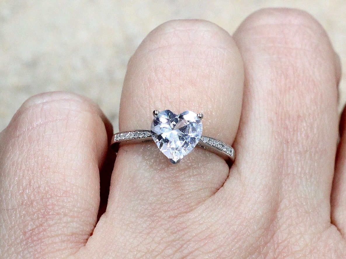 White Sapphire & Diamonds Engagement Ring My Heart Love Promise Ring 2ct 8mm Custom Size White-Yellow-Rose Gold-10k-14k-18k-Platinum BellaMoreDesign.com