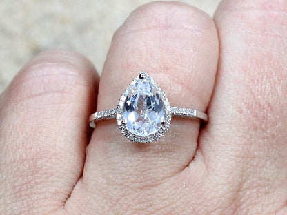 White Sapphire Diamonds Engagement Ring Pear drop Cut Halo Goccia Grand 2.5ct 10x7mm Custom Size White-Yellow-Rose Gold-10k-14k-18k-Platinum BellaMoreDesign.com