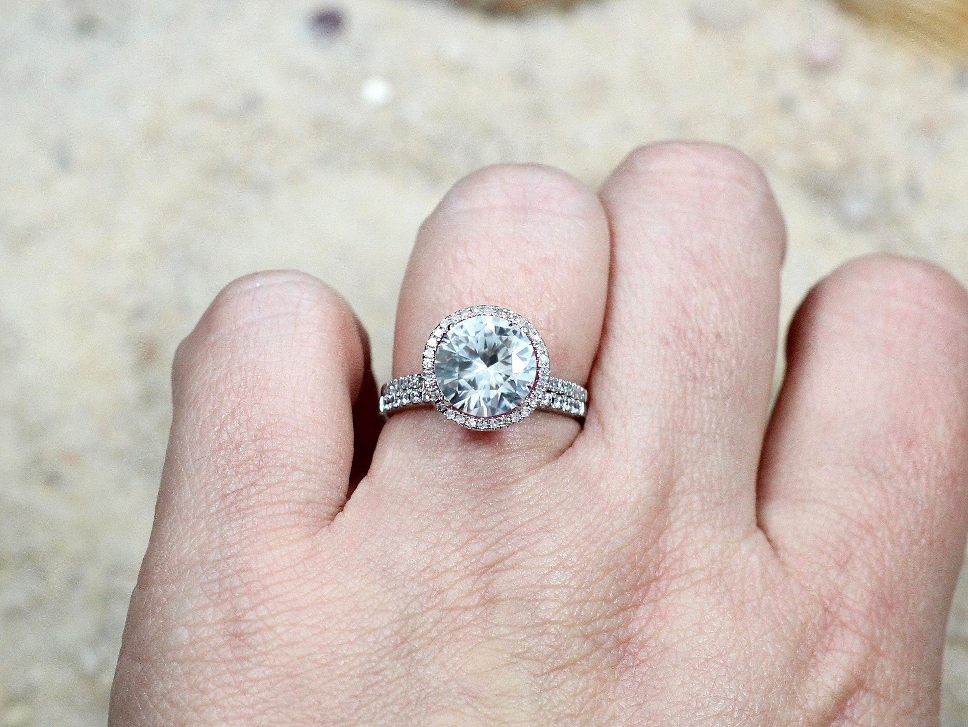 White Sapphire & Diamonds Round Halo Engagement Ring set Wedding Band Pricus 3ct 9mm Custom Size White-Yellow-Rose Gold-10k-14k-18k-Platinum BellaMoreDesign.com