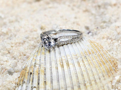 White Sapphire & Diamonds split shank Engagement Ring Solitaire round Aglaia 1ct 6mm Round White-Yellow-Rose Gold-10k-14k-18k-Platinum BellaMoreDesign.com