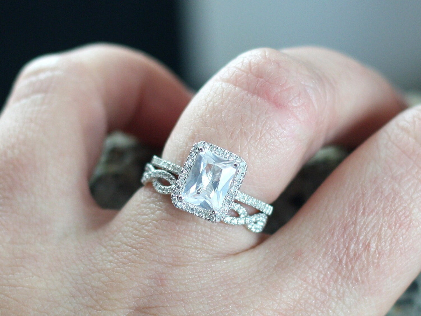 White Sapphire Enagement Ring Set, Diamonds Emerald Halo,Ione, Infinite Love, 2ct, 8x6mm, Bridal Set,White-Yellow-Rose Gold-14k-18k-Plt BellaMoreDesign.com
