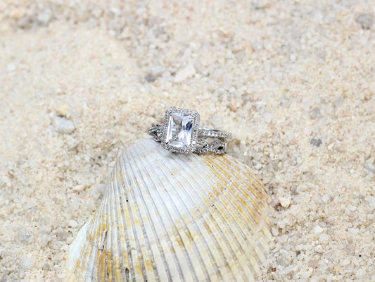 White Sapphire Enagement Ring Set, Diamonds Emerald Halo,Ione, Infinite Love, 2ct, 8x6mm, Bridal Set,White-Yellow-Rose Gold-14k-18k-Plt BellaMoreDesign.com