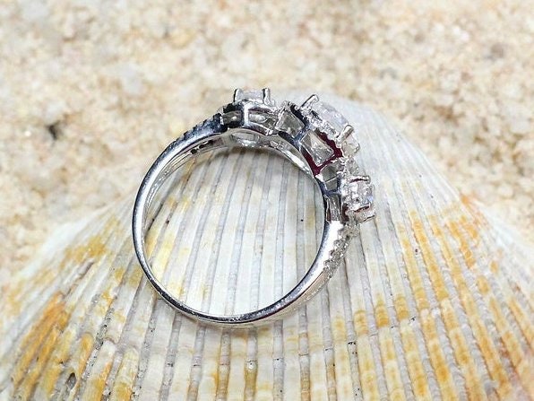 White Sapphire Engagement Ring, 3 Stone, triple Round Halo, split shank, Euryale, 1ct, 6mm, Gift for her, Promise ring BellaMoreDesign.com
