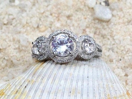 White Sapphire Engagement Ring, 3 Stone, triple Round Halo, split shank, Euryale, 1ct, 6mm, Gift for her, Promise ring BellaMoreDesign.com