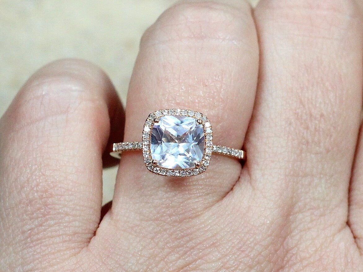 White Sapphire Engagement Ring, Cushion Halo, Cuscino, 3ct, 8mm, Promise ring, gift for her BellaMoreDesign.com