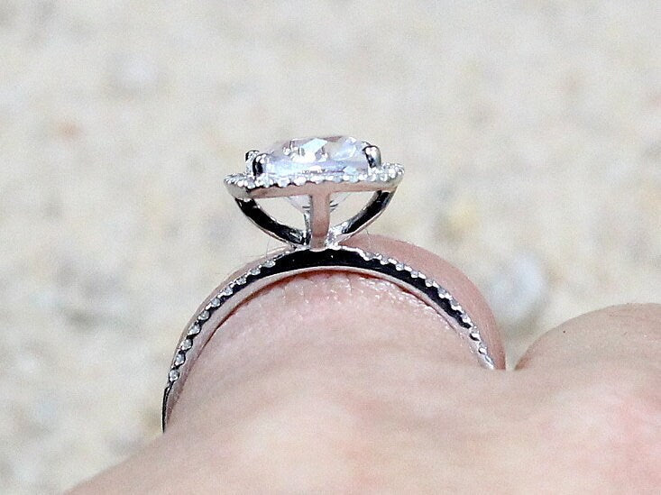 White Sapphire Engagement Ring, Cushion Halo, Cuscino, 3ct, 8mm, Promise ring, gift for her BellaMoreDesign.com